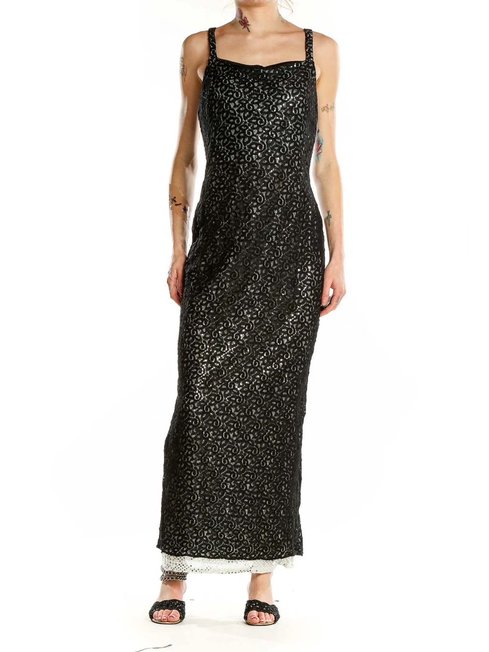 Vintage 90s Jessica McClintock Gunne Sax Black Floral Lace Maxi Dress